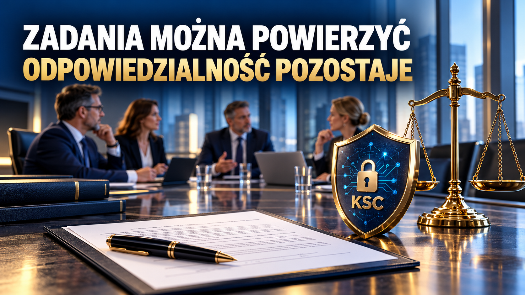 Powierzenie zadań KSC nie zwalnia kierownika z odpowiedzialności — dokument upoważnienia, zarząd, tarcza i waga prawna.